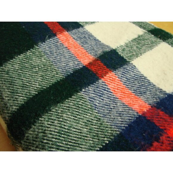 Plaid Wool Blend Blanket Throw Fringe 58x52" Vintage Bright Green Red Blue Warm - Picture 9 of 9